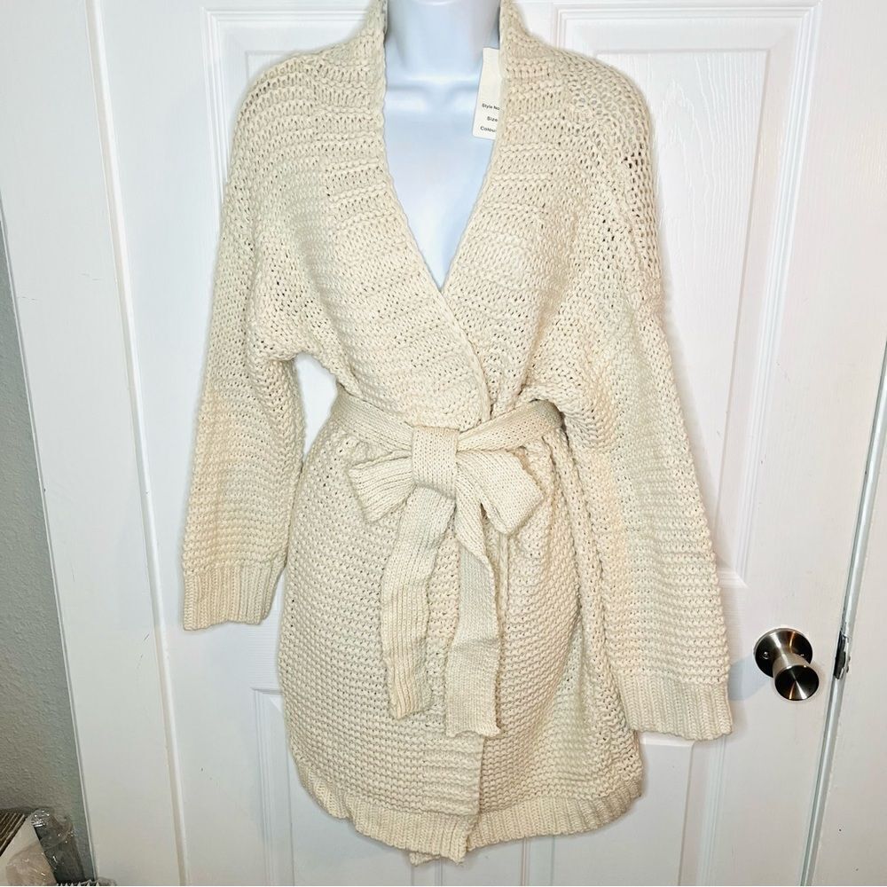 Miracle Relax More Ivory Midi Cardigan Tie Chunky Knit M/L - Picture 5 of 13